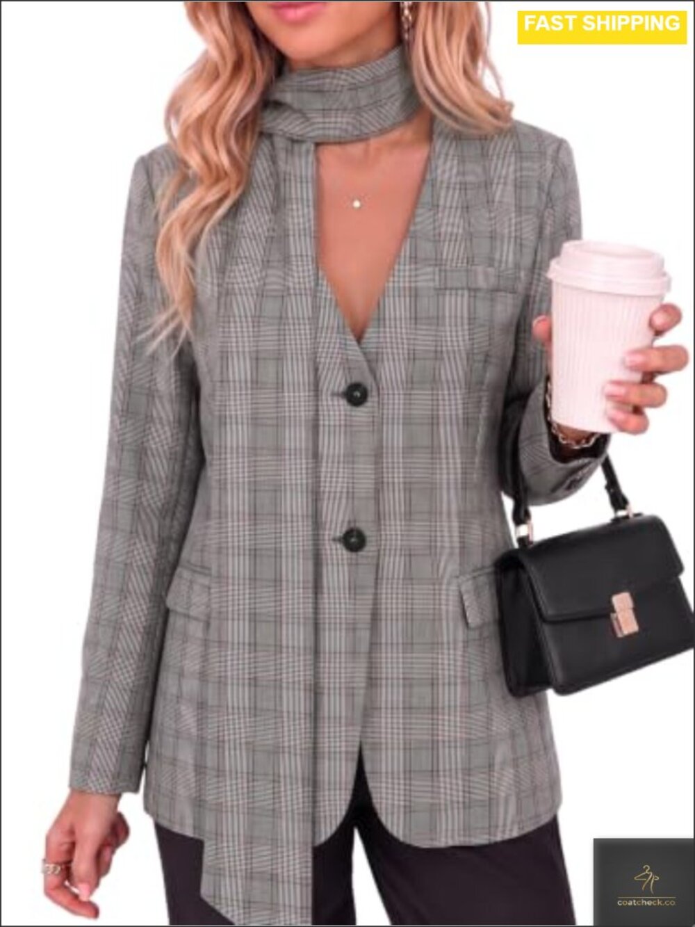 Plaid Casual Blazer V Neck Button Down Suit Jacket with Scarf